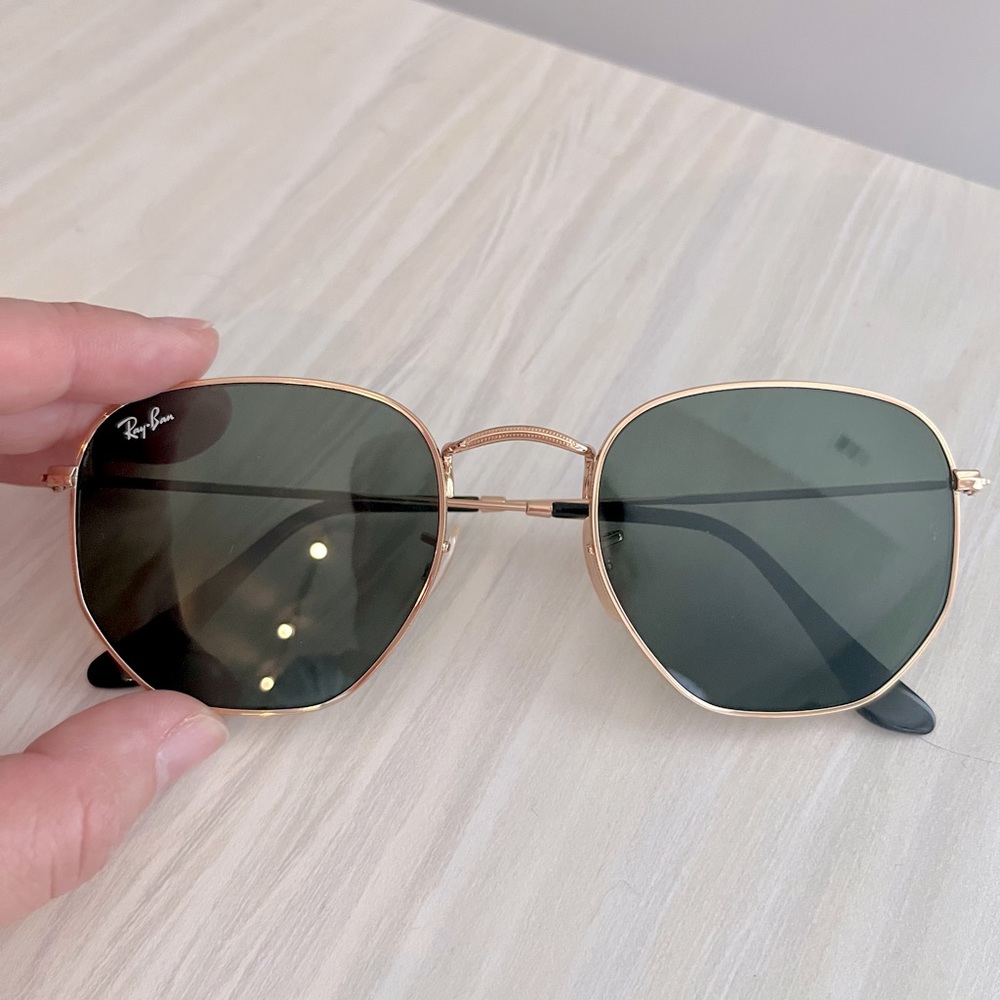 Ray-Ban RB3548N Flat Lens Hexagonal Sunglasses, Gold/Green, 54 mm